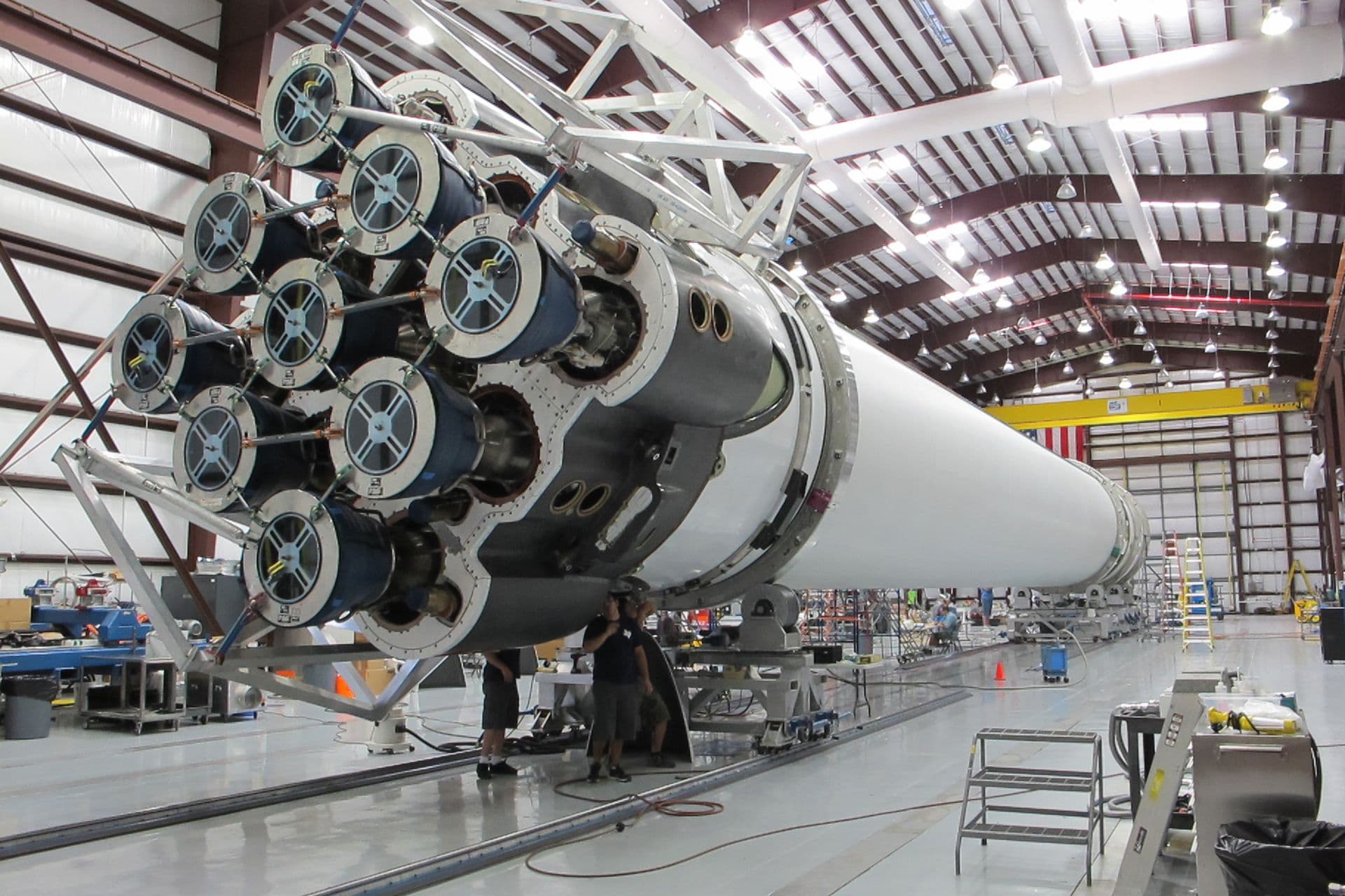 Rocket engines under assembly in an aerospace facility